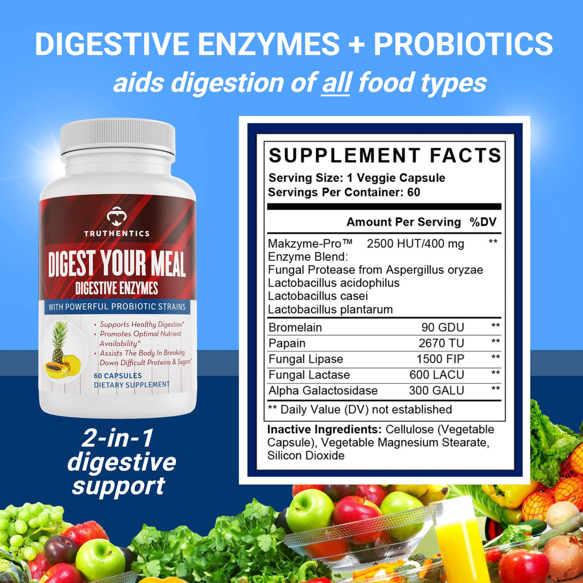 TRUTHENTICS Digestive Enzymes Plus Probiotics Prebiotics - 60 Capsules - image 2