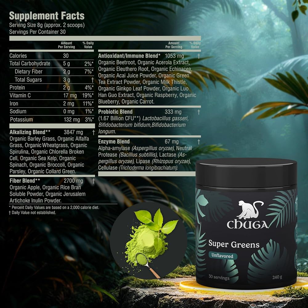 Chuga Organic Super Greens Powder Vegan Probiotic Blend - 240 g - image 3