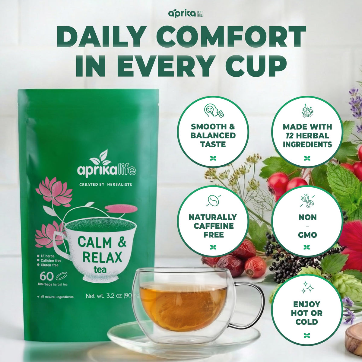 AprikaLife Calm and Relax Herbal Tea with Chamomile - 60 Tea Bags - image 5