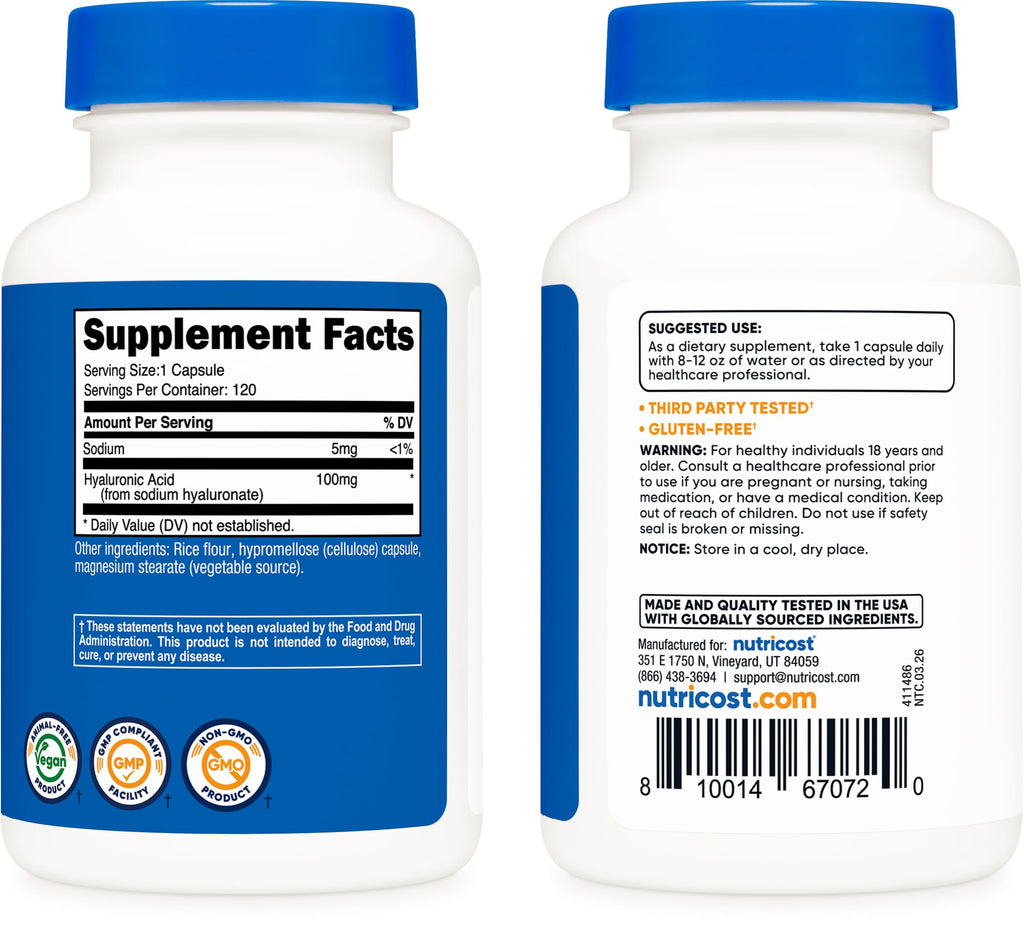 Nutricost Hyaluronic Acid 100mg - 120 Vegetarian Capsules - image 4