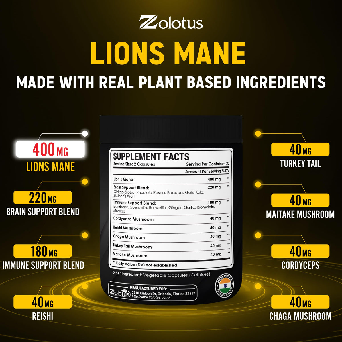 Zolotus Lions Mane Mushroom Complex - 22000mg - 60 90 Capsules