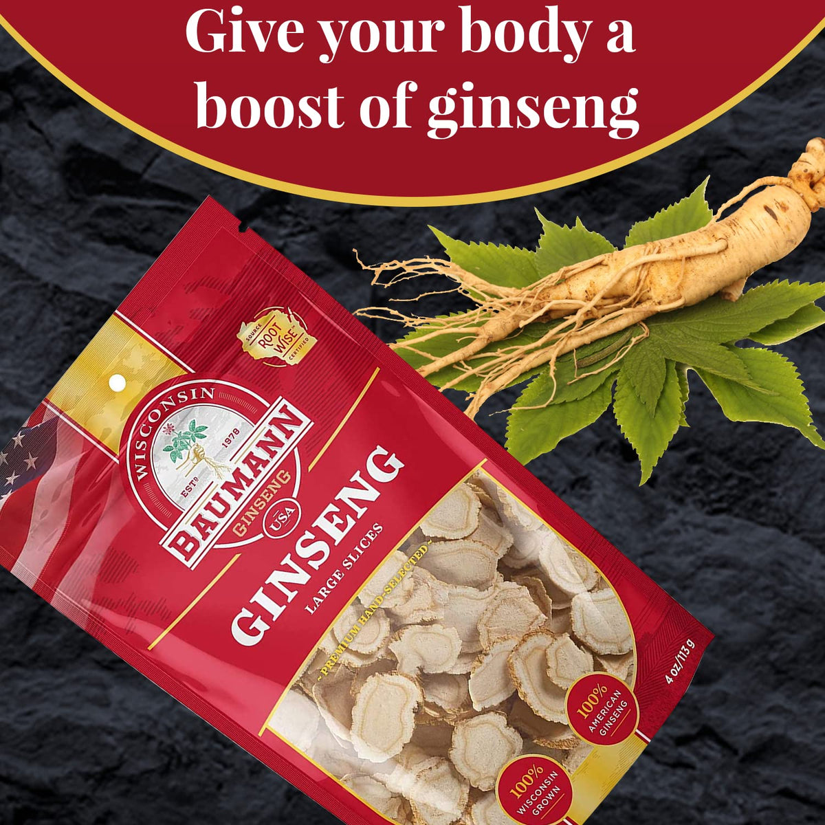 WISCONSIN ESTD 1978 BAUMANN GINSENG USA Baumann Ginseng Slice - 100%