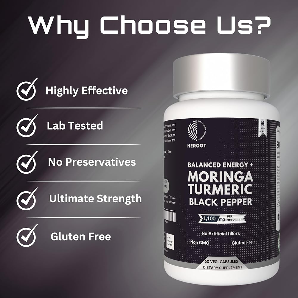 Heroot Organic Turmeric with Black Pepper & Moringa 1000 mg - 60 Capsules - image 7
