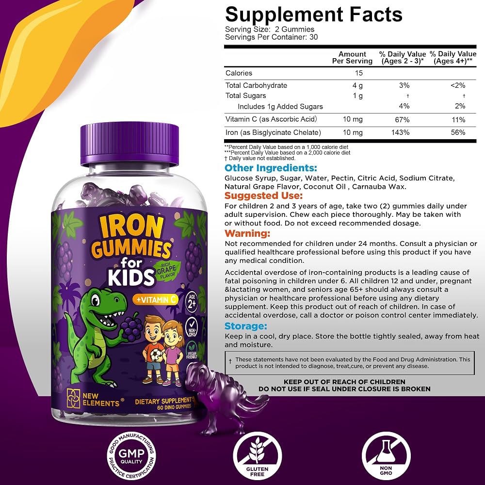 New Elements Iron Dinosaur Gummies for Kids with Vitamin C - 60 Count - image 3