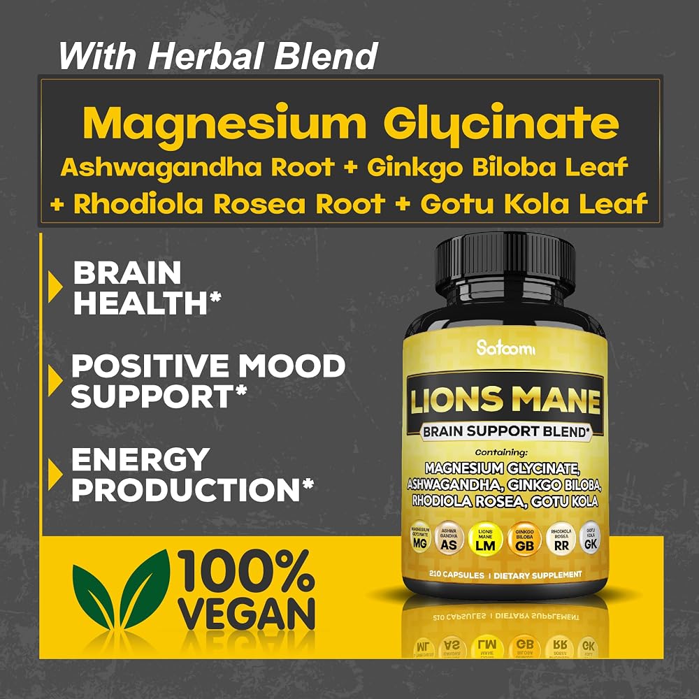 Satoomi Lions Mane Supplement with Magnesium & Ashwagandha - 210 Capsules - image 3
