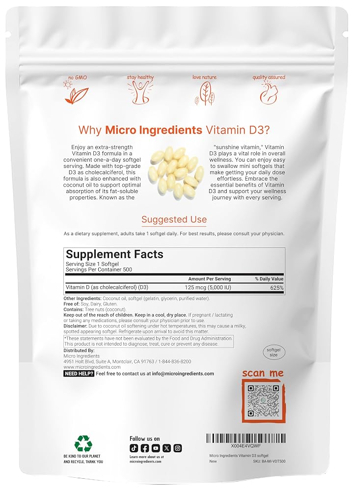 Micro Ingredients Vitamin D3 5000 IU - 500 Softgels - image 2