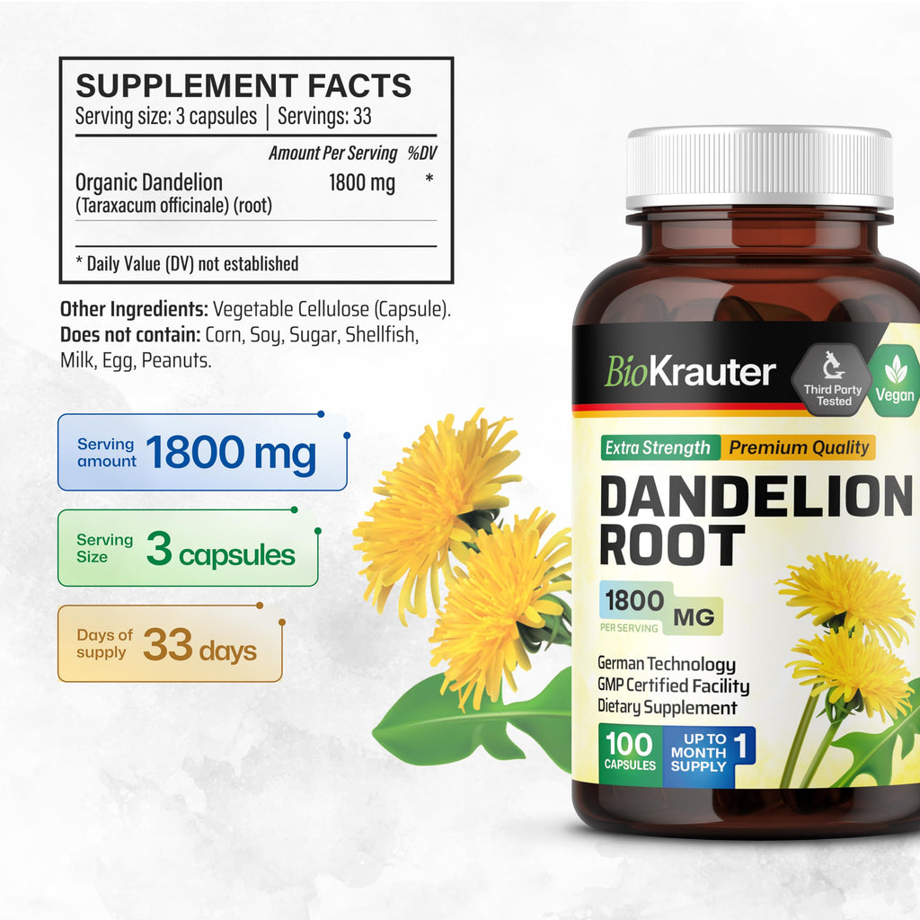 BIO KRAUTER Dandelion Root Extract Liver & Kidney Support - 100 Capsules - image 3