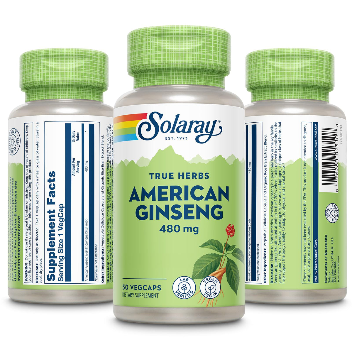 SOLARAY American Ginseng 480 mg Adaptogenic Herb - 50 Vegetarian Capsules - image 3