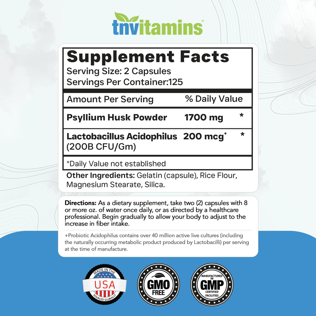 tnvitamins Psyllium Husk Capsules 1700 MG - 250 Capsules - image 2