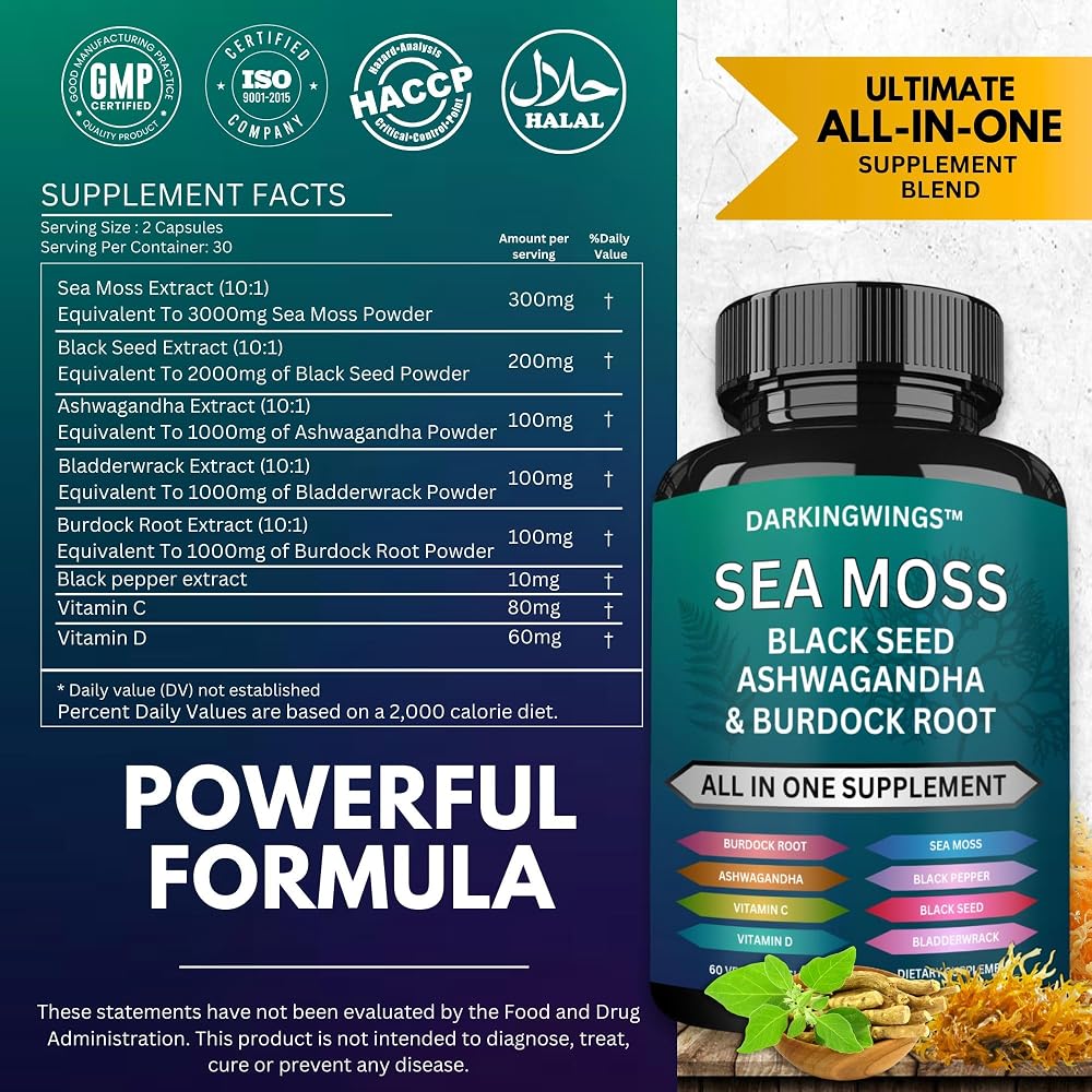 Darkingwings Organic Sea Moss Black Seed Oil Capsules - 60 Count - image 2