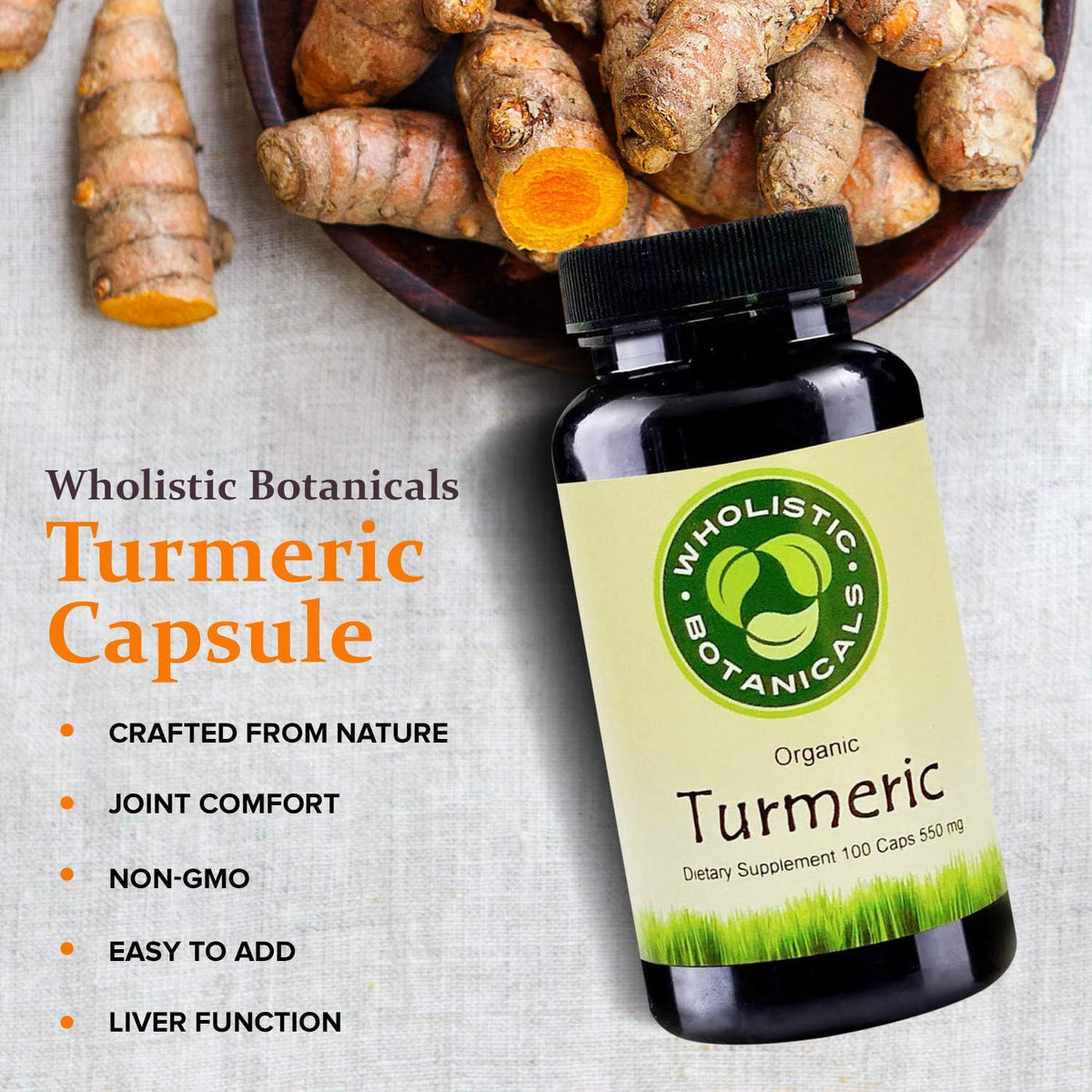 Wholistic Botanicals Turmeric Curcumin Capsules - 100 Capsules - image 3