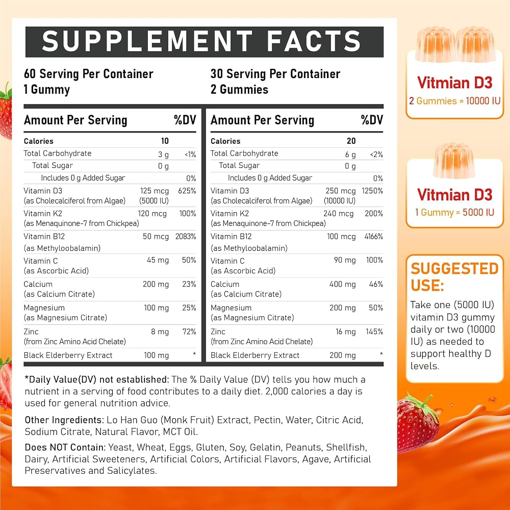 Edmmyliy Vitamin D3 K2 Gummies 10000 IU - 120 Count - image 2
