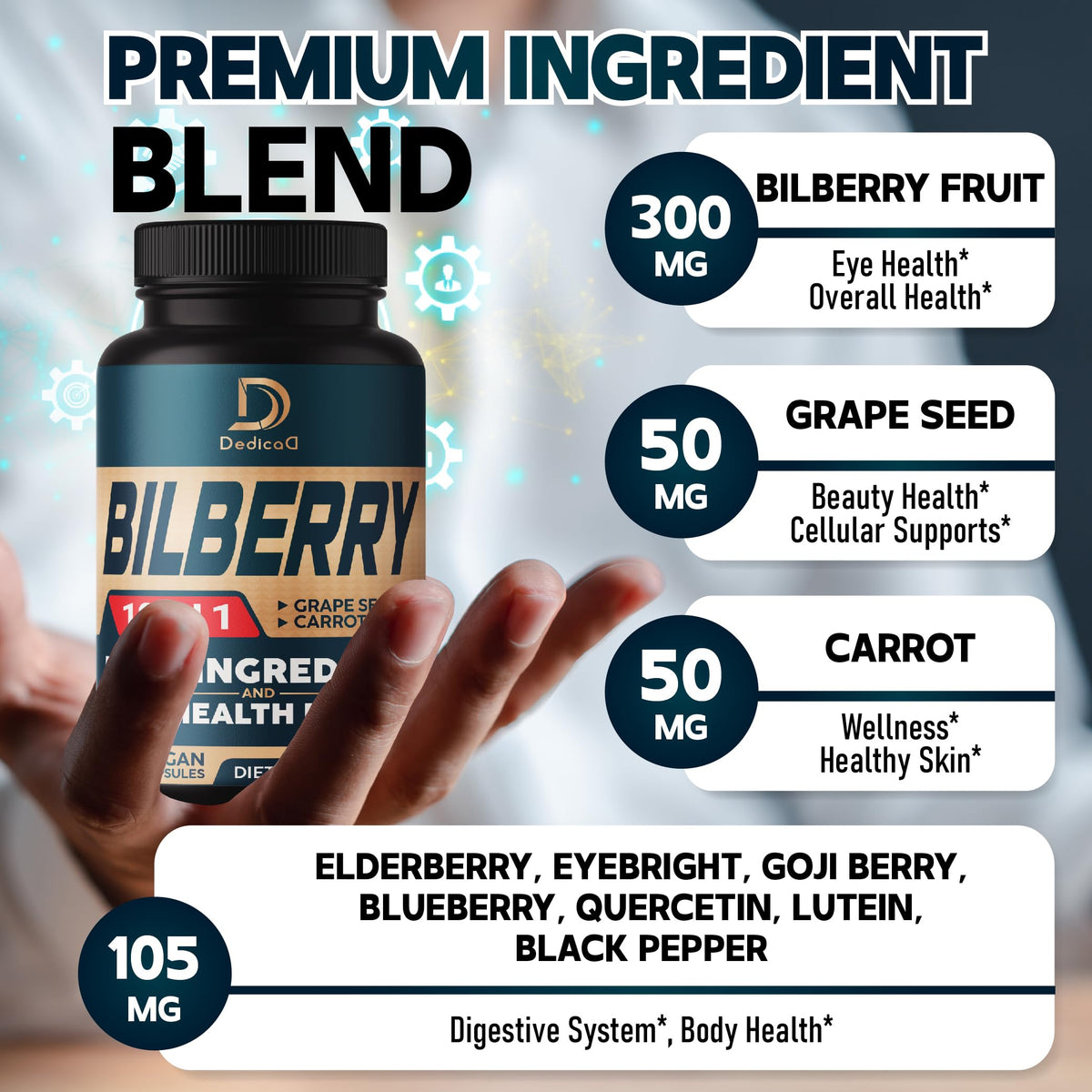 DEDICAD 10in1 Bilberry Extract Eye Supplement - 90 Vegan Capsules - image 3
