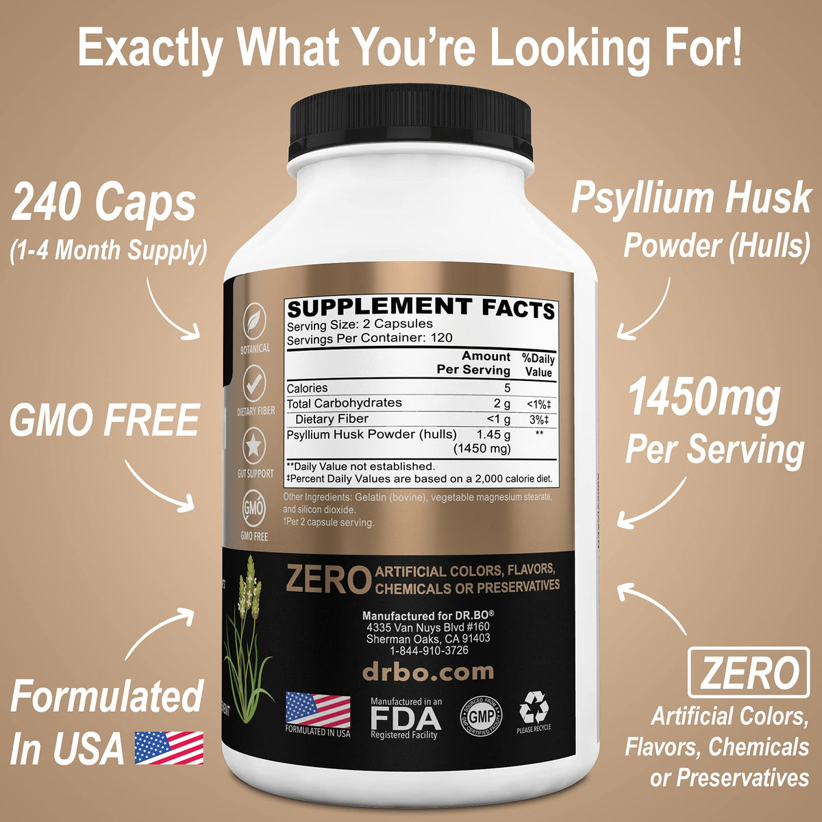 DR. BO Psyllium Husk Capsule Fiber Supplement - 240 Capsules - image 4
