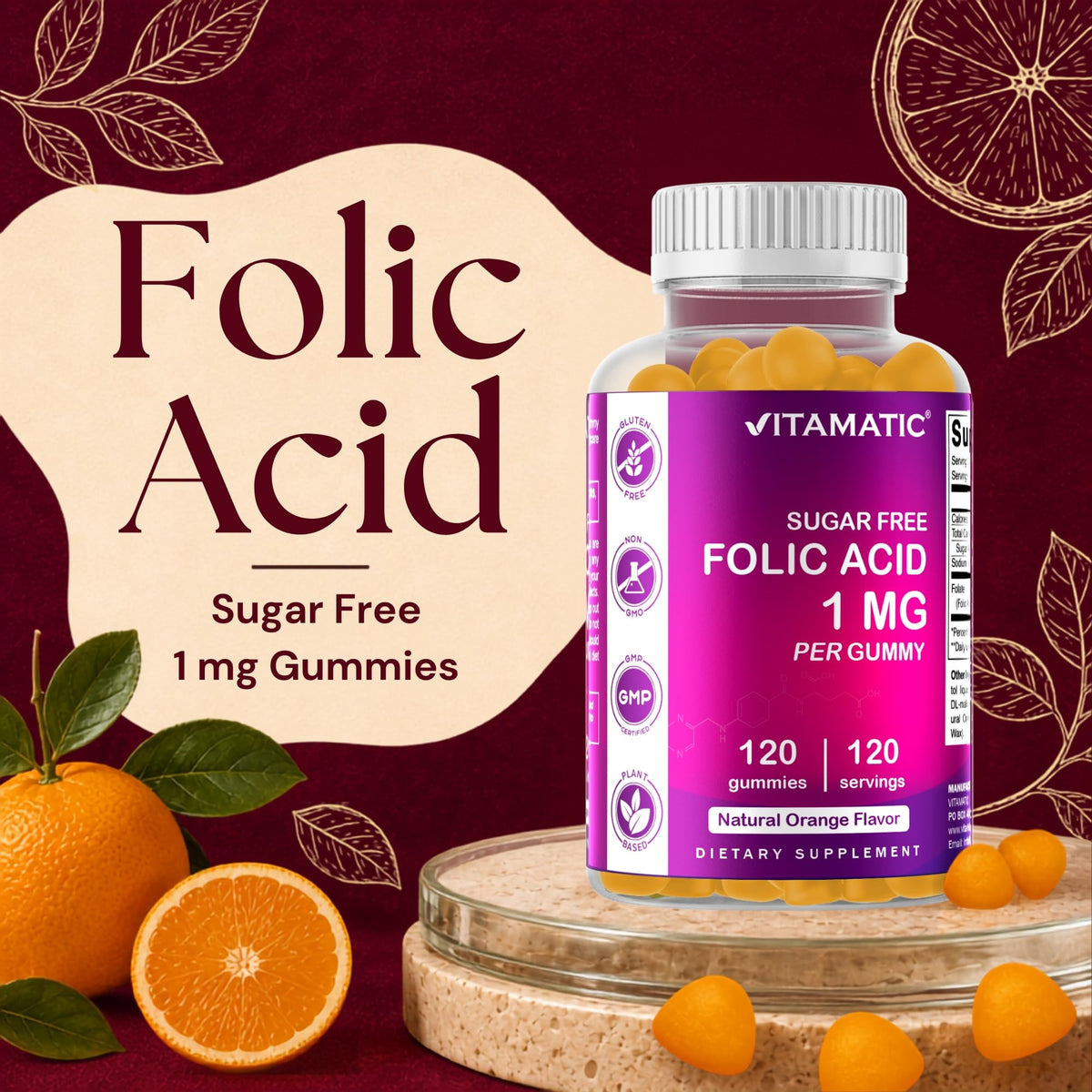 Vitamatic Folic Acid 1 mg Sugar Free Gummies - 240 Count - image 3
