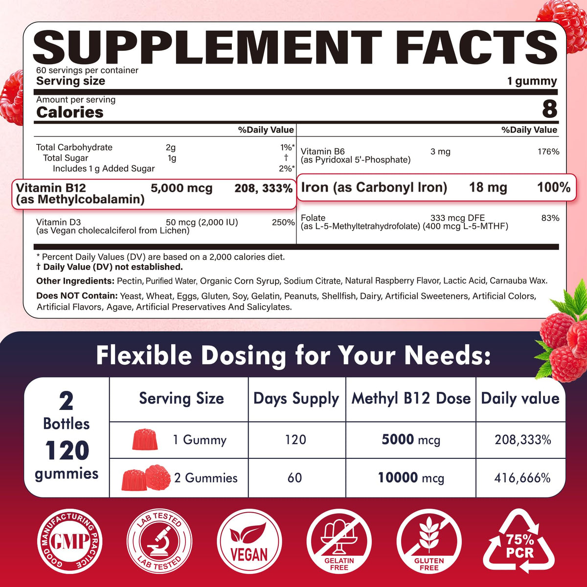NEVISS Methylated B12 5000mcg Gummies with Iron & Folate - 120 Count - image 2