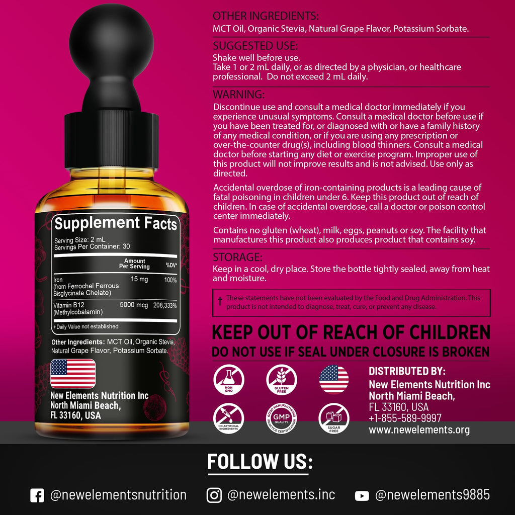 New Elements Liquid Iron Supplement with Vitamin B12 - 2 Fl Oz - image 3