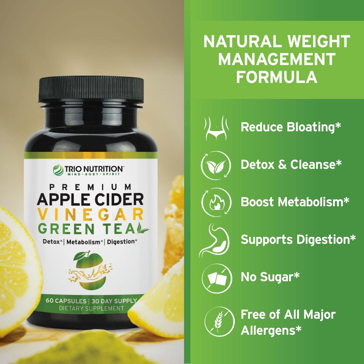 TRIO NUTRITION Apple Cider Vinegar Green Tea Capsules - 60 Count - image 5