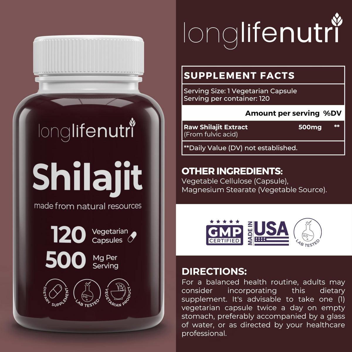 LongLifeNutri Shilajit Pure Himalayan Extract 500mg - 120 Vegetarian Capsules - image 2