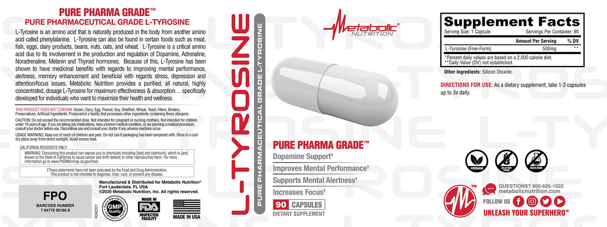 Metabolic Nutrition L-Tyrosine 500mg Mental Alertness - 90 Capsules - image 4