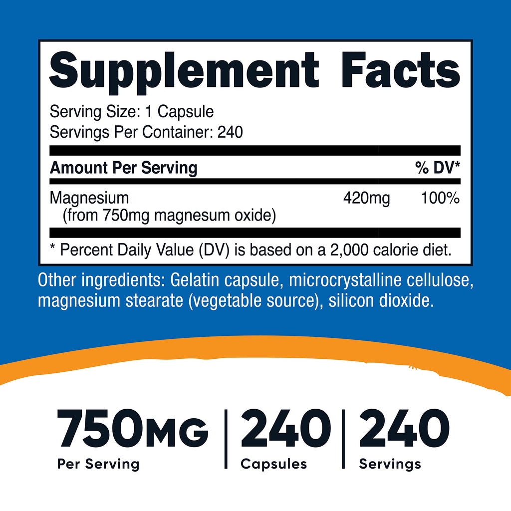 Nutricost Magnesium Oxide 750mg, 240 Capsules