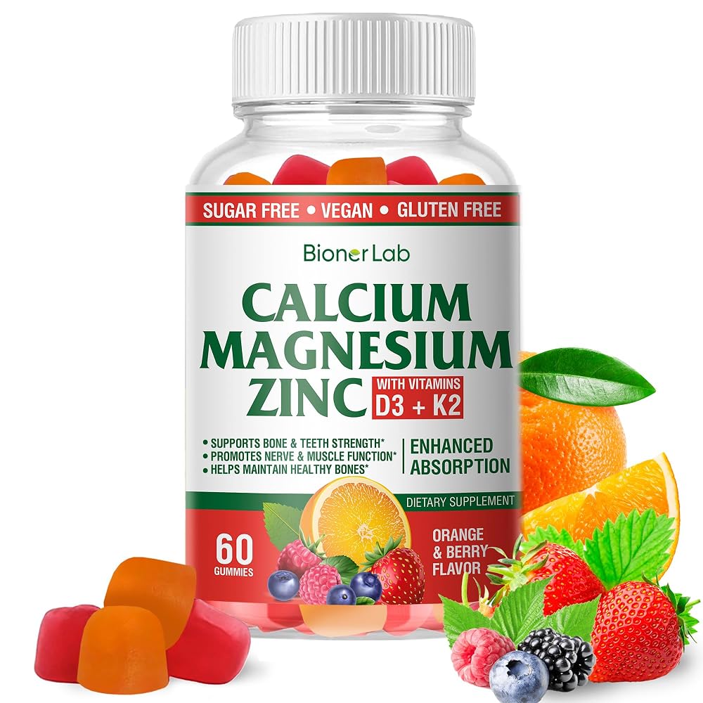 BionerLab Calcium Magnesium Zinc Gummies with Vitamin D3 & K2 - High