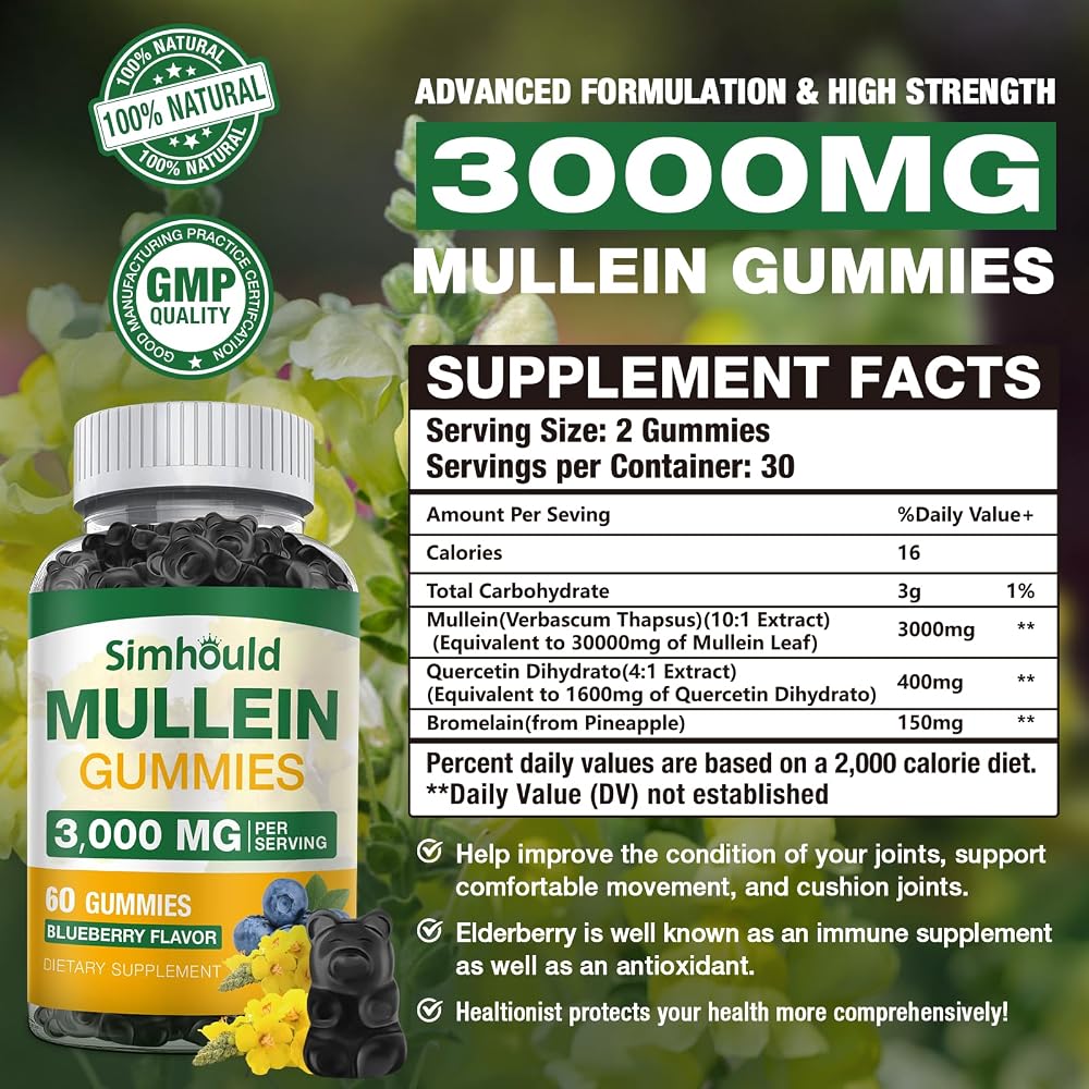 Simhould Mullein Gummies 3000mg for Respiratory Support - 120 Count - image 2