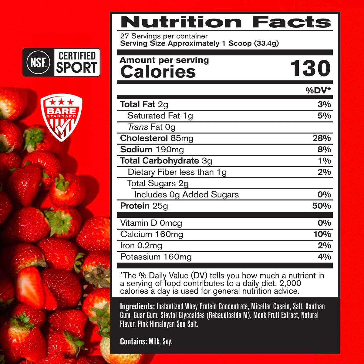BARE PERFORMANCE NUTRITION Whey Protein Powder Strawberry - 27 Servings - image 2