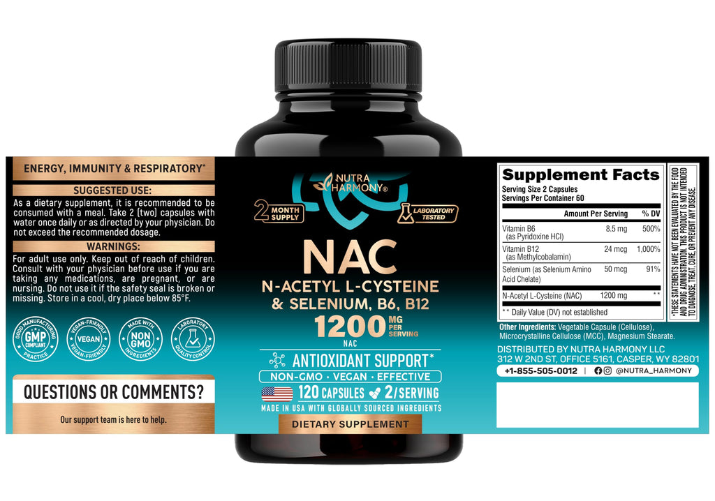 NUTRAHARMONY NAC 1200 mg with Selenium, B6 & B12 - 120 Capsules - image 2