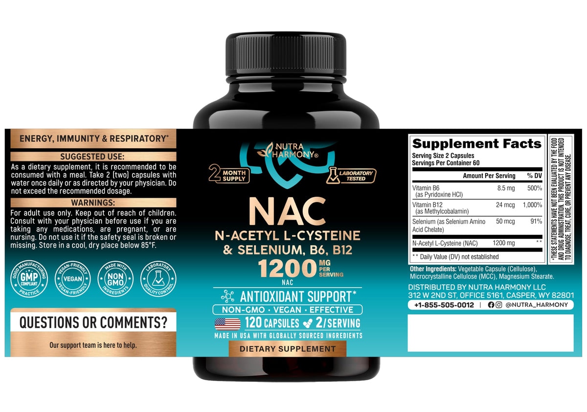 NUTRAHARMONY NAC 1200 mg with Selenium, B6 & B12 - 120 Capsules - image 2