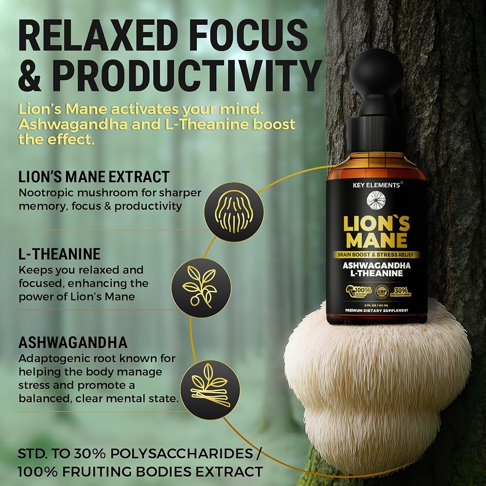 KEY ELEMENTS Lion's Mane Extract Tincture with Ashwagandha - 2 Fl Oz - image 3