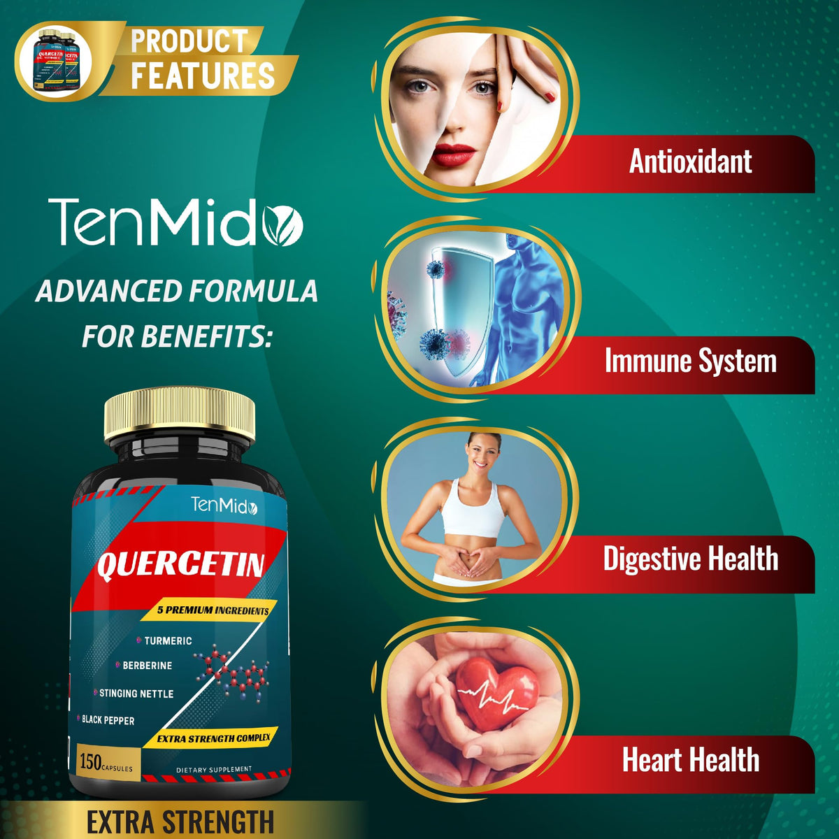 Tenmido Quercetin Supplements Immune & Heart Health - 150 Capsules - image 4