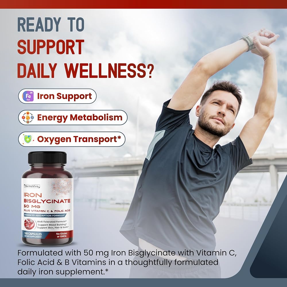 HarmoVira Iron Bisglycinate with Vitamin C & Folic Acid - 180 Capsules - image 2