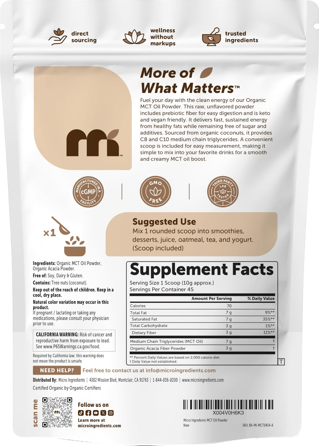 Micro Ingredients Organic MCT Oil Powder with Prebiotic Fiber - 16 oz - image 7