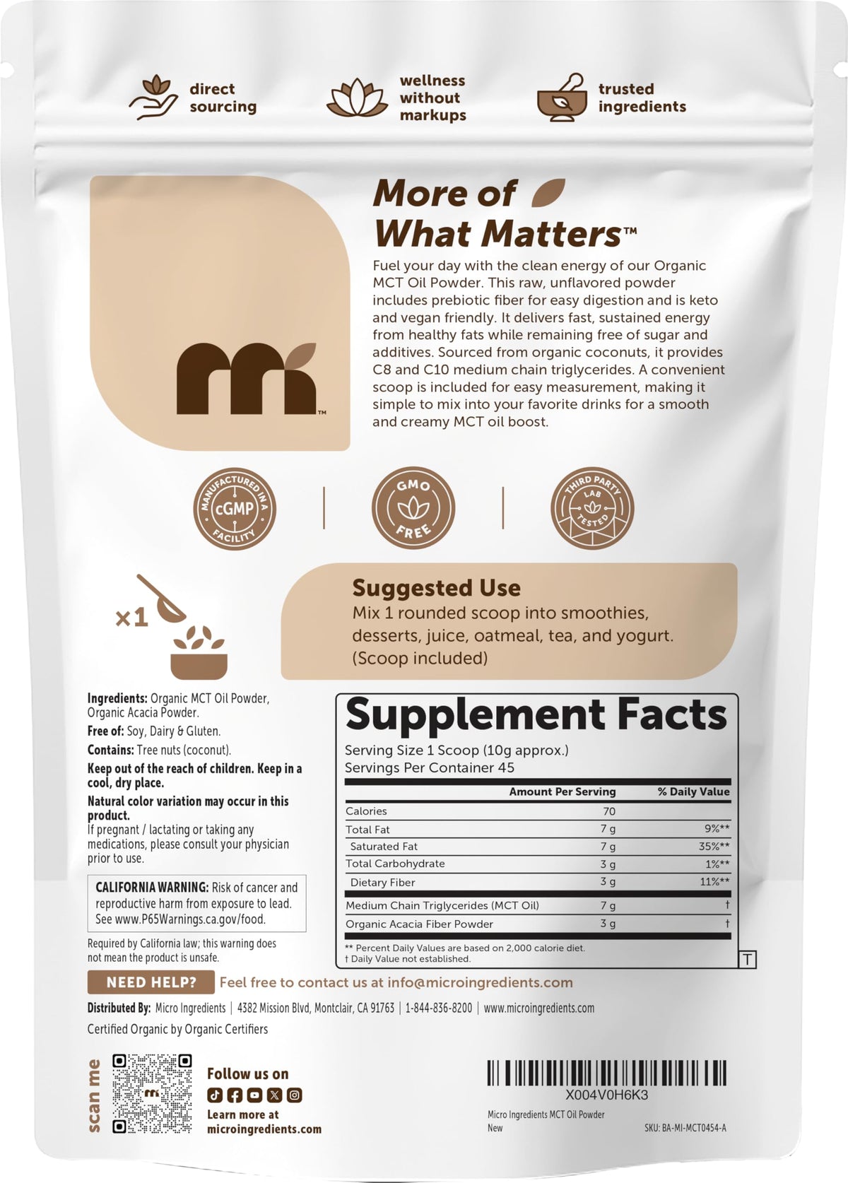 Micro Ingredients Organic MCT Oil Powder with Prebiotic Fiber - 16 oz - image 7