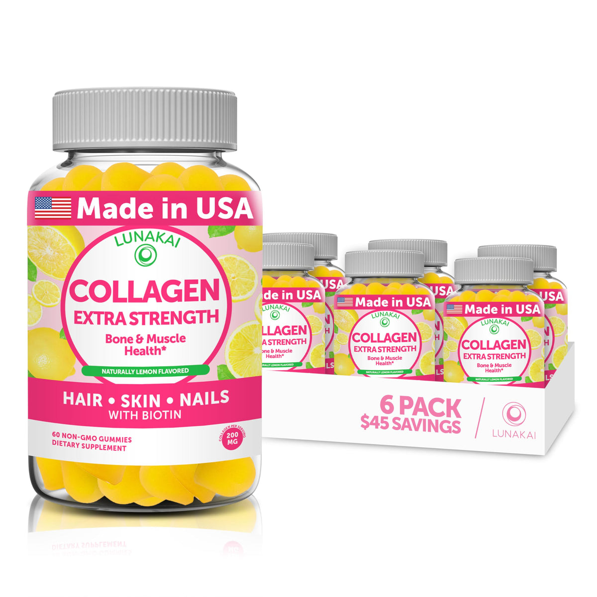 Lunakai Delicious US Made Collagen Gummies - 200mg Non-GMO Anti-Aging