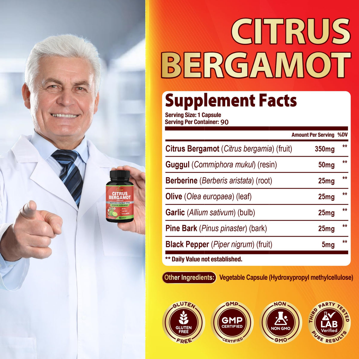 Organic Cadane Citrus Bergamot Supplement Extract - 90 Capsules - image 3
