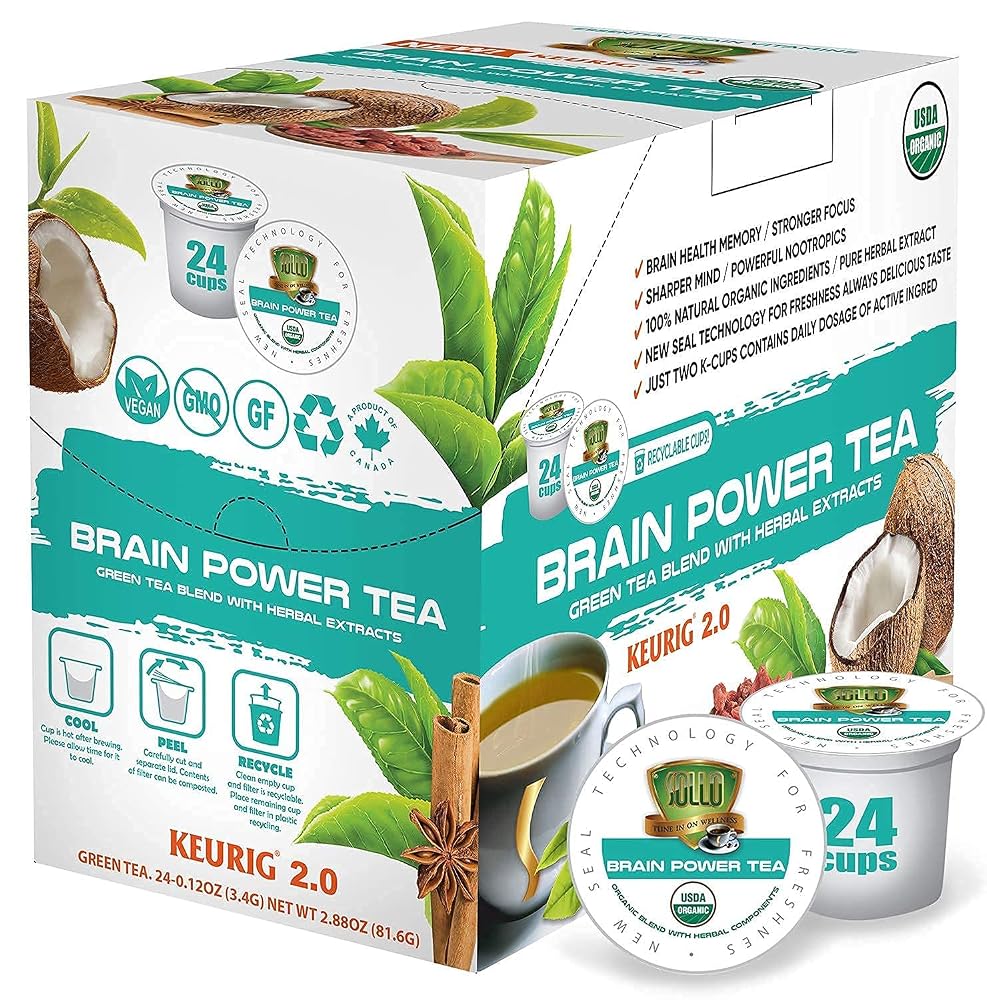 SOLLO Brain Power Organic Green Tea Pods with MCT & Acai - 24 Count