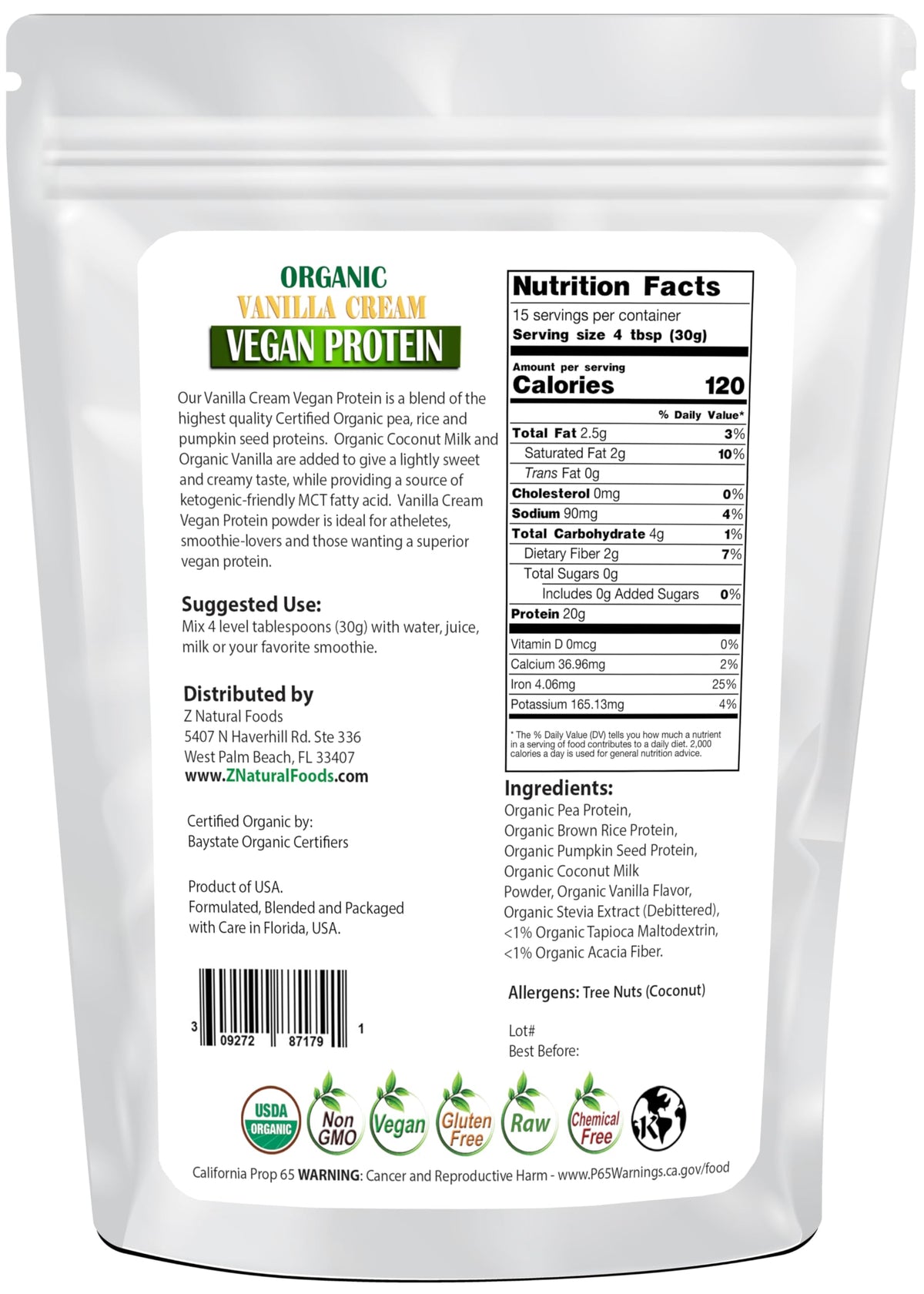 Z Natural Foods Organic Vanilla Vegan Protein Powder - 16 oz - image 2