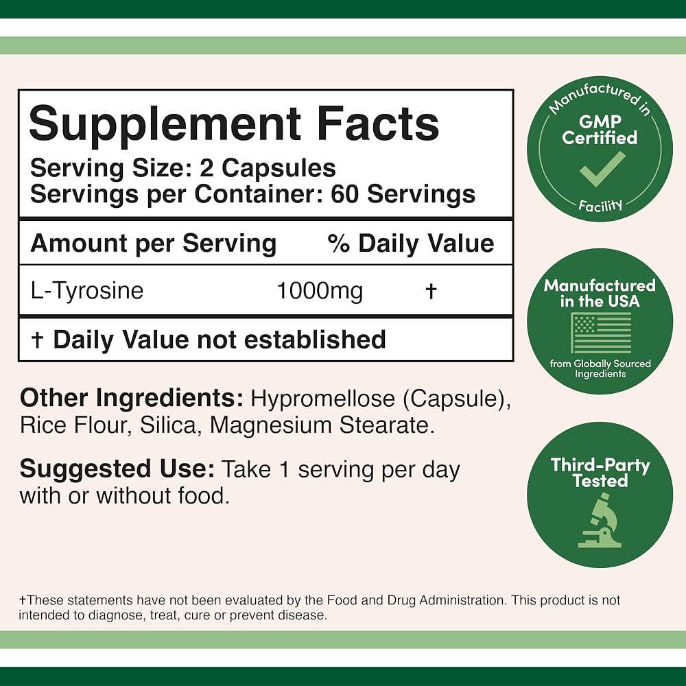 Double Wood Supplements L-Tyrosine 1,000mg Focus & Mood Support - 120 Capsules - image 2