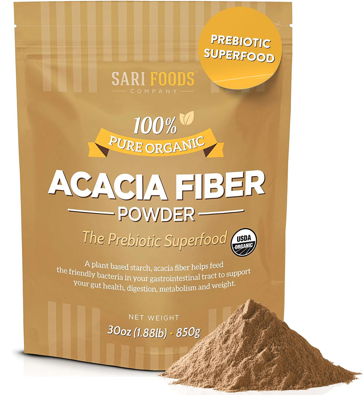 Sari Foods Organic Acacia Fiber Powder for Gut Health - 30 oz