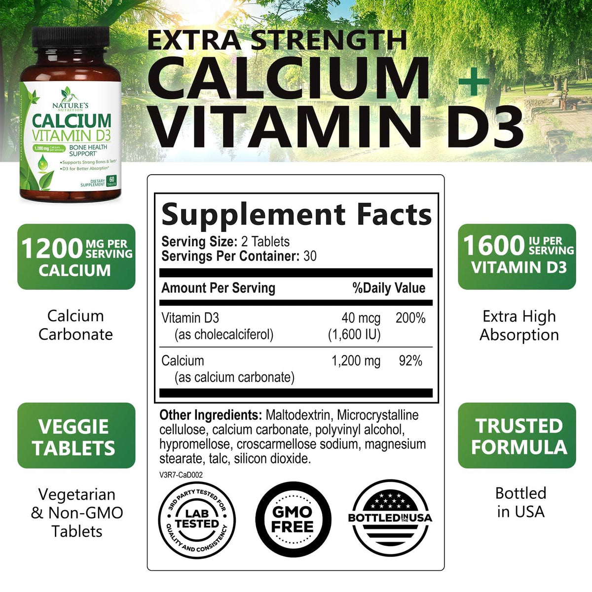 Nature's Nutrition Calcium 1200 mg with Vitamin D3 - Premium Bone