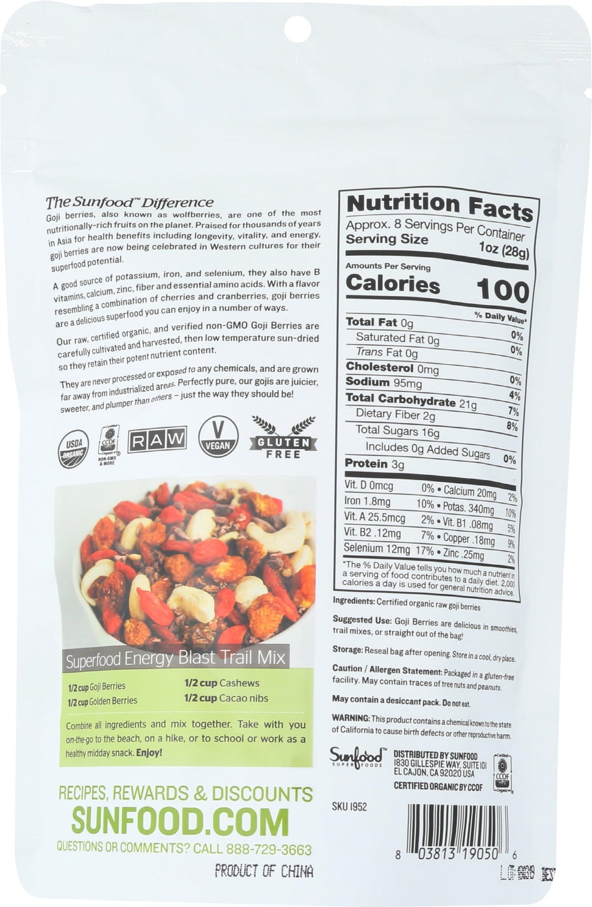 Sunfood Superfoods Raw Organic Goji Berries - 8 oz - image 2