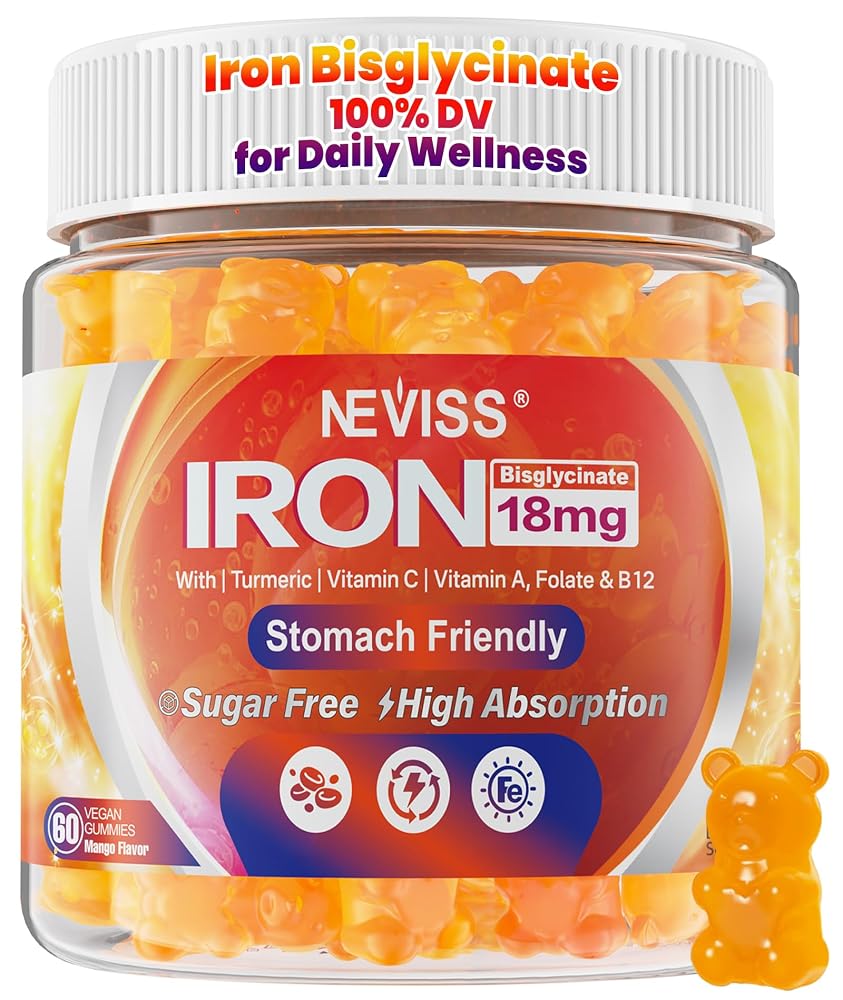 NEVISS Iron Gummies Supplement with Vitamin C, B12, Folate & Turmeric