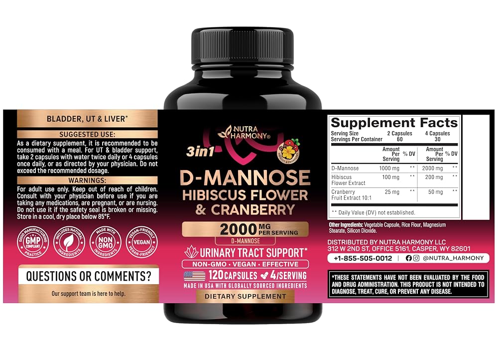 NUTRAHARMONY D-Mannose 2000mg with Cranberry & Hibiscus - 120 Capsules - image 2
