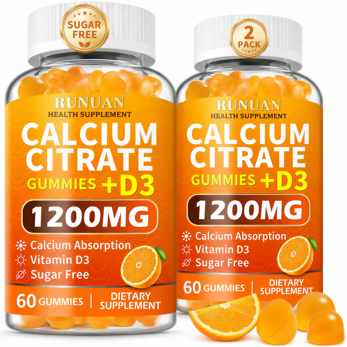 RUNUAN Calcium Citrate 1200mg Gummies with Vitamin D3 - 120 Count