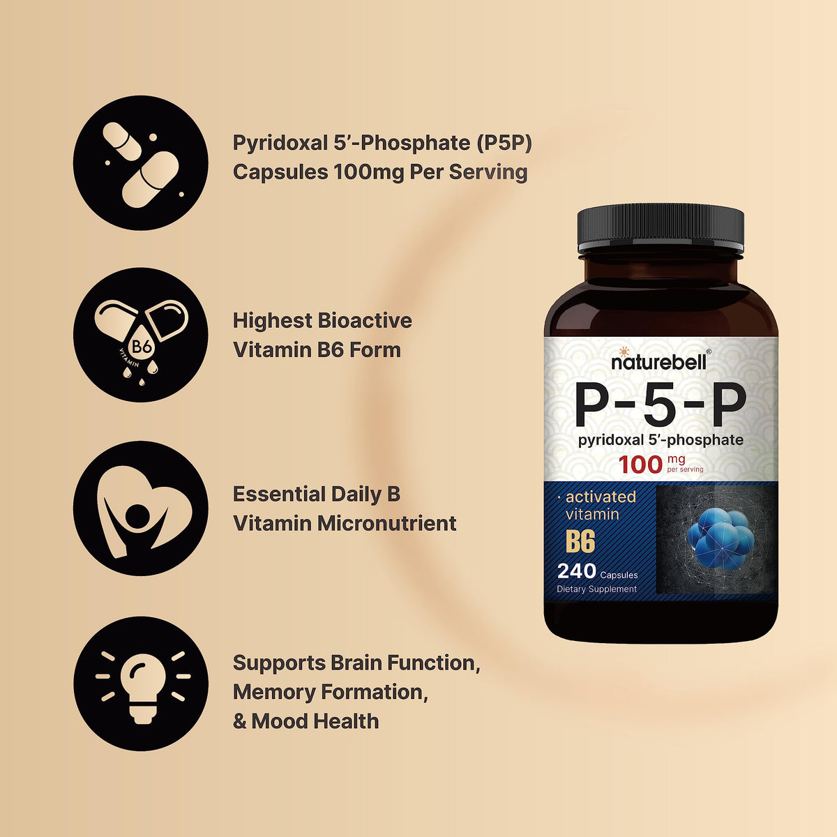 NatureBell P5P Vitamin B6 100mg Brain & Memory Support - 240 Capsules - image 3