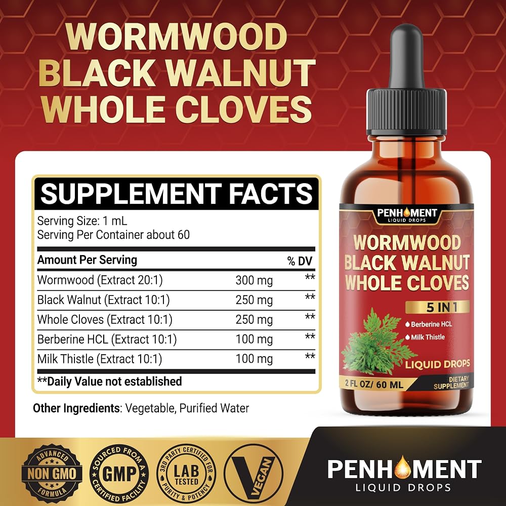 Penhoment Wormwood Liquid Drops 5-in-1 Herbal Complex - 2 Fl Oz - image 2