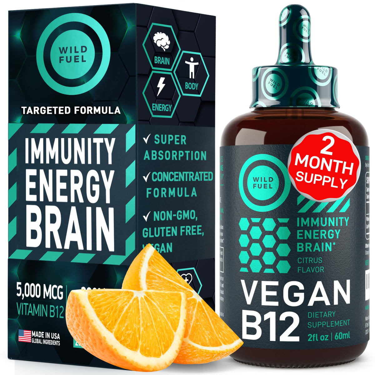 WILD FUEL Vegan Vitamin B12 Liquid Drops 5000 mcg - 2 Fl Oz