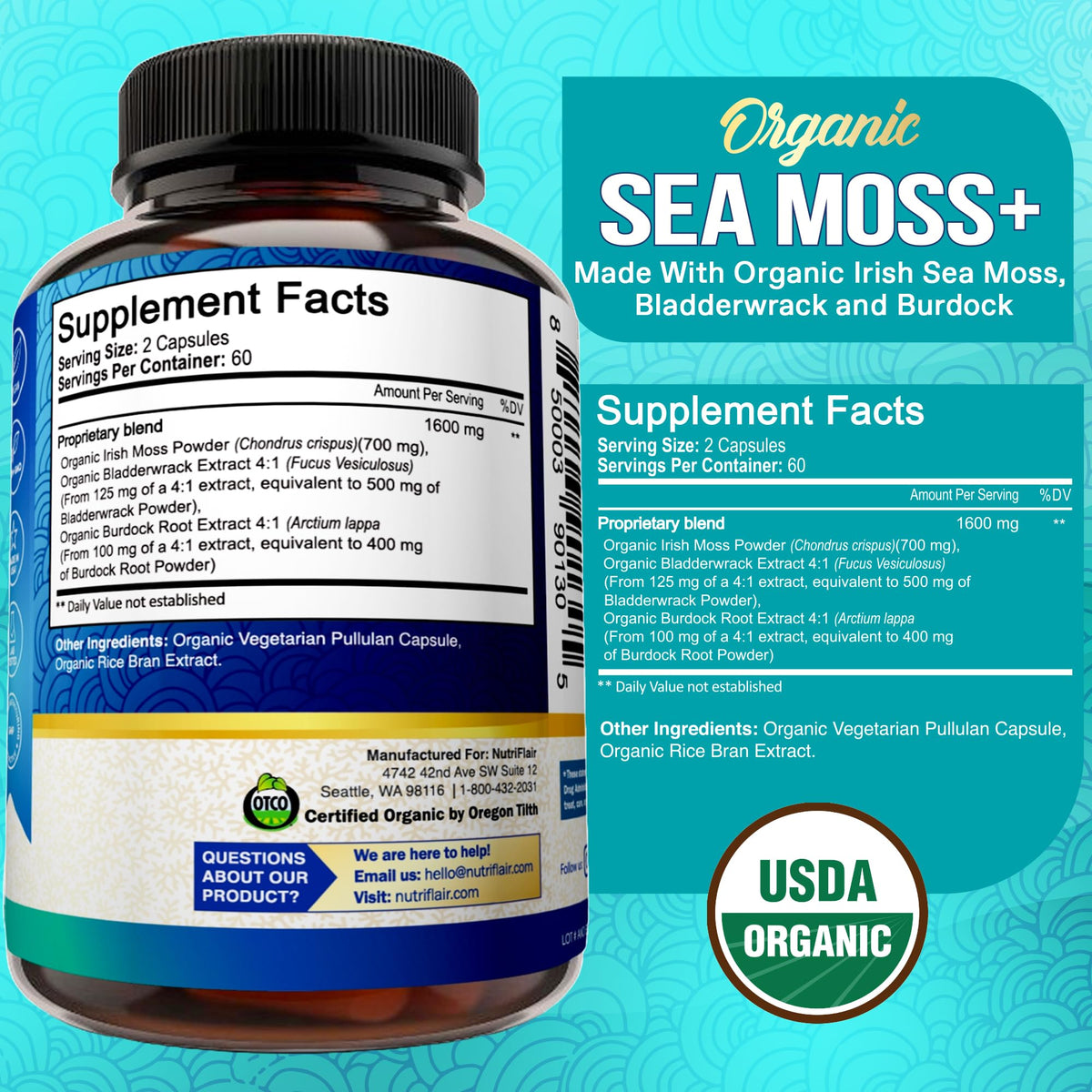 NutriFlair Organic Sea Moss 1600mg - 120 Vegetarian Capsules - image 2